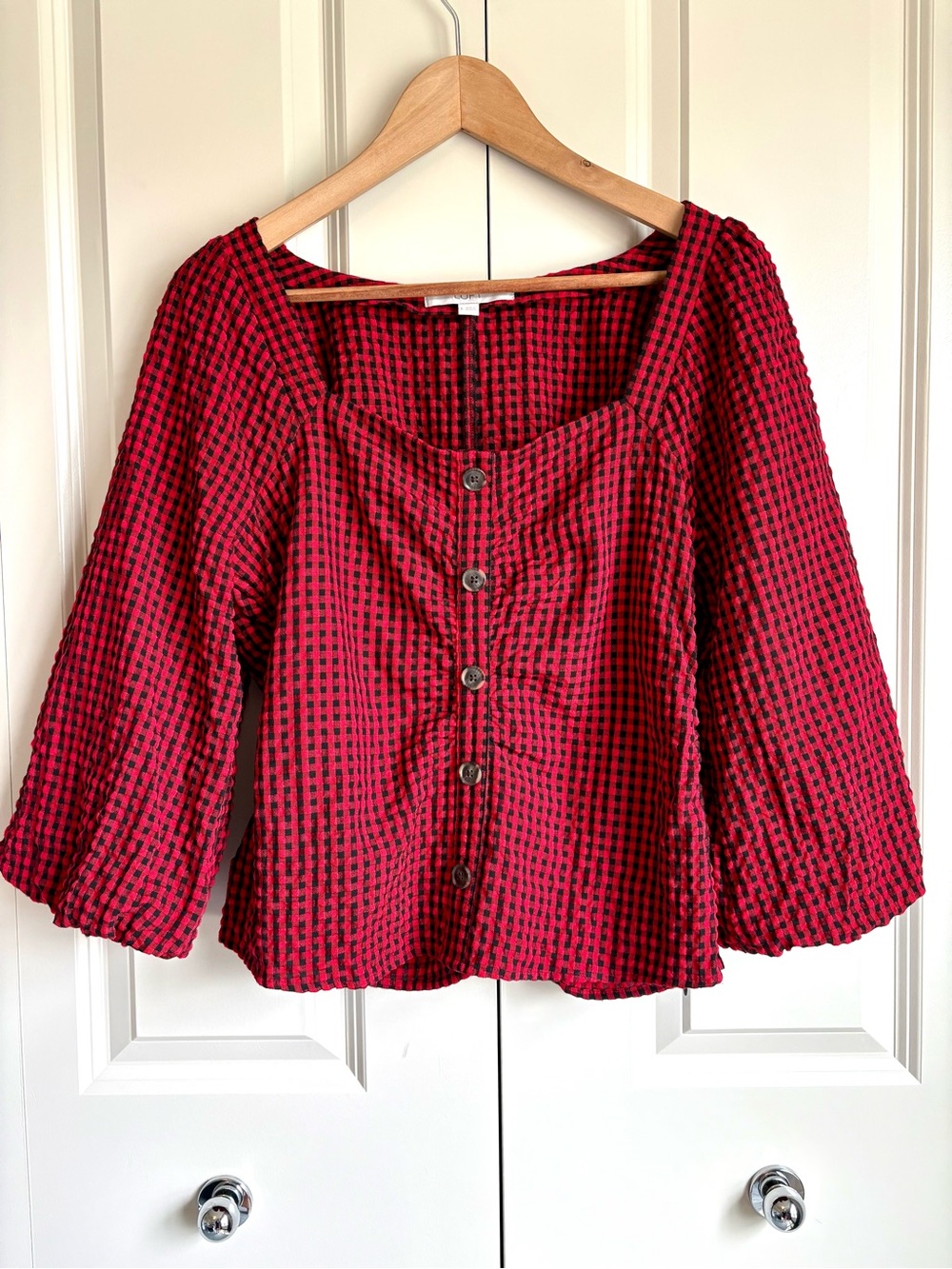 LOFT Gingham Gathered Square Neck Top Red Black Puff Sleeve Blouse Size 8 Picnic - Picture 2 of 14
